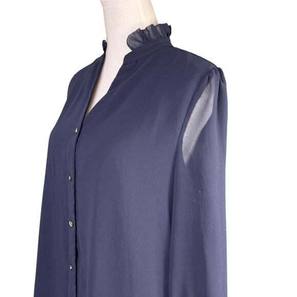 Carmen Marc Valvo Navy Sheer Chiffon Long Sleeve Button Up Business Blouse - Picture 5 of 13